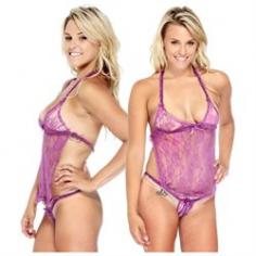 This cute lingerie set is designed in floral lace, comes with a draped front/open back top and matching panties.