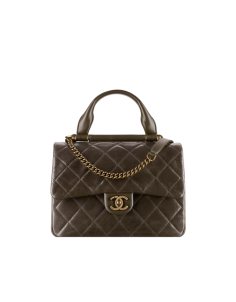 Flap bag with handle, calfskin & gold metal-dark khaki - CHANEL