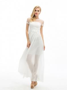 A-Line/Princess Scoop Short Sleeves Chiffon Floor-Length Bowknot Dresses