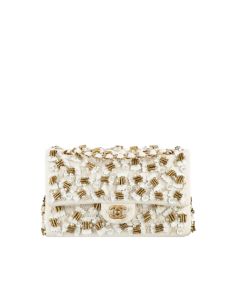 Classic flap bag, jersey, Lesage farfalle embroideries & bronze metal-ivory & gold - CHANEL