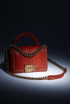 Boy CHANEL flap bag with handle, python, lambskin & bronze metal-dark red - CHANEL