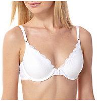 Features Everything you love in our bestselling everyday bra plus sexy scalloped lace&#33; Stretch foam cups support up down and across the bust providing seamless uplift and shaping. Smooth jacquard fabric on cups and wings adds subtle beauty. Soft and smooth feel (brushed inside). Even with the lace added it virtually disappears under clothes. Low plunge demi coverage won't peek out under all types of clothing. Easy front adjustable straps for perfect fit. Color - White Size - 36D Item weight - 0.21 lbs.