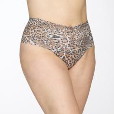 Dress glamorously from the inside out in a retro thong from Hanky Panky&reg;.Soft signature lace thong has a super wide stretch waistband that hits high on the waist. Lush leopard print. High-waisted cut hugs the tummy for a slim and sexy shape. Flat edges lend a smooth look under clothes. Tonal cotton gusset. As a result of the stretch waist, one size comfortably fits 14-24.100% nylon; Trim: 90% nylon, 10% spandex; Lining: 100% cotton. Hand wash cold, dry flat. Made in the U.S.A.If you're not fully satisfied with your purchase, you are welcome to return any unworn and unwashed items with tags intact and original packaging included.