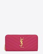 Monogram Saint Laurent Zip Around Wallet in Lipstick Fuchsia Grain de Poudre Textured Matelassé Leather