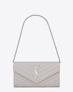 Small MONOGRAM SAINT LAURENT Chain Wallet in Light Grey Grain de Poudre Textured Matelassé Leather