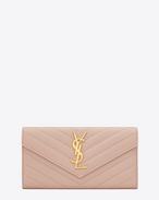 Large MONOGRAM SAINT LAURENT flap wallet in pale pink grain de poudre textured matelassé  leather