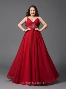 A-Line/Princess Spaghetti Straps Sleeveless Beading Floor-Length Chiffon Plus Size Dresses