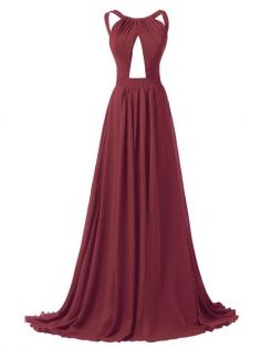 Ladies A-line Scoop Neck Chiffon Sweep Train Ruffles Backless Prom Dresses in UK