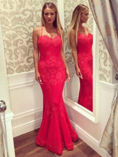 Red Trumpet/Mermaid Sweetheart Backless Lace Floor-length Latest Prom Dresses in UK