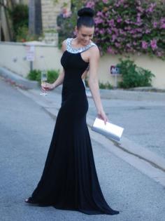 Trumpet/Mermaid Backless Scoop Neck Silk-like Satin Crystal Detailing Dark Navy Prom Dress in UK