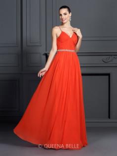 A-Line/Princess Spaghetti Straps Sleeveless Beading Floor-Length Chiffon Dresses
