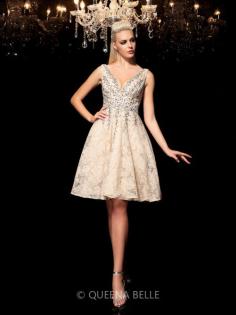 A-Line/Princess V-neck Beading Sleeveless Short/Mini Lace Cocktail Dresses