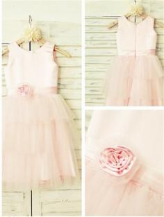 A-line/Princess Scoop Sleeveless Hand-made Flower Floor-Length Tulle Flower Girl Dresses