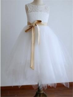 A-line/Princess Scoop Sleeveless Sash/Ribbon/Belt Floor-Length Tulle Flower Girl Dresses