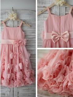 A-line/Princess Spaghetti Straps Sleeveless Hand-made Flower Floor-Length Chiffon Flower Girl Dresses