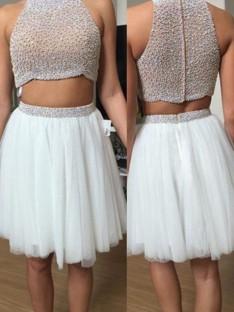 A-Line/Princess Sleeveless High Neck Tulle Short/Mini Two Piece Dresses