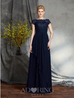 A-Line Bateau Short Sleeves Floor-Length Applique Chiffon Mother of the Bride Dress