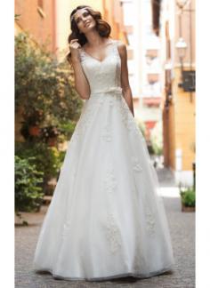 Beautiful Natural A-line V Neckline Long Wedding Dress With Buttons