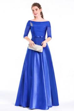 Robe de soiree 2018 longue formelle pour gala noel reveillon cérémonie bleue col Bardot à manche 3/4 transparente  - Robedesoireelongue.fr