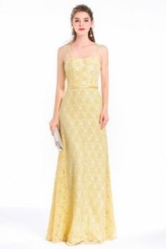 Elégante robe de soirée 2018 jaune pour soirée gala bal d'anniversaire avec bretelles fines bordées de dentelle délicate - Robedesoireelongue.fr