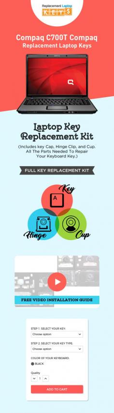 Get the replacement keys for damaged Compaq C700T keyboard from Replacement Laptop Keys. We provide you with a full key replacement kit and a video installation guide, so that you can easily install the key by yourself at home. 
