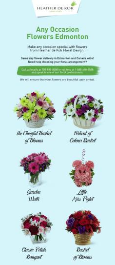 Order flowers for any occasion, like a birthday, anniversary, Christmas, Easter and more from Canada Floral Delivery. We not only provide you with fresh flowers, but also the same-day delivery of your flowers. So order your flowers today!