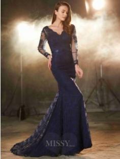 Trumpet/Mermaid V-neck Long Sleeves Applique Sweep/Brush Train Lace Evening Wear