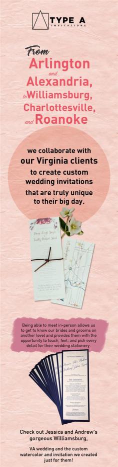 When it comes to buy unique wedding invitations in Virginia, Type A Invitations, LLC. is the right option for you. We design, print & produce in-house & out-of-house productions like Offset Printing, Foil Stamping, Event Signage and more. 