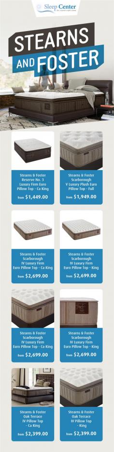 Get a wide range of Stearns & Foster mattress online from Sleep Center. We stock various sizes of Stearns & Foster mattresses, such as Twin XL, King, Queen and more.