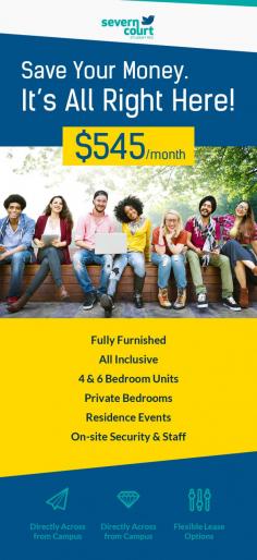 For comfortable and safe housing solutions, get in touch with Severn Court Student Residence. Here, we provide our students with fully furnished suites which have a private bedroom for every student, as well as a common living room and kitchen.