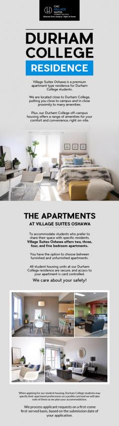 To get a fully furnished apartment near Durham College, get in touch with Village Suites Oshawa. Here, our units have a kitchen, dining area, living room, and one or two shared bathrooms, depending on the size of your apartment. Also, some apartments have their own balconies. So book your room today!