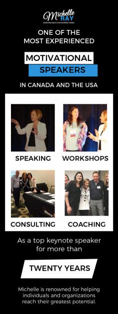 Get help from an experienced and influential, female motivational speaker in Canada, Michelle Ray, to enhance productivity at your business. She offers compelling presentations, coaching and workshops, understanding the unique challenges and inspiring the audience.