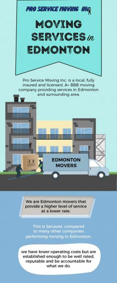 Pro Service Moving Inc. is an Edmonton based moving company that provides a higher level of service at a lower rate. We have a team of fully insured and licensed movers to pack and move your belongings safely. 