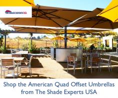 At The Shade Experts USA, we provide best quality the American quad offset umbrellas, the most distinctive heavy duty cantilever umbrellas on the market. It maximizes the covered shaded area as it is made up of four umbrellas with a central pole.  