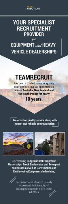 At Teamrecruit, we are the industry-leading recruitment company that helps heavy lifters in finding a wide range of jobs. With nearly 10 years of experience, we are well-known for our best quality staff recruitment services in trucking, earthmoving, and agricultural machinery dealerships.