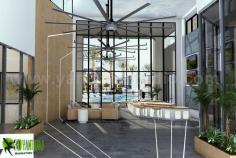 This is the Interior Reception Lobby View with Sunrise, Dashing Entrance gate with Modern Facilities, sitting space are available for Wait, Front of Entrance gate we can see a Pool Ideas by Architectural Visualisation Studio.
