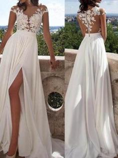 A-Line/Princess Scoop Chiffon Short Sleeves Floor-Length Prom Dresses