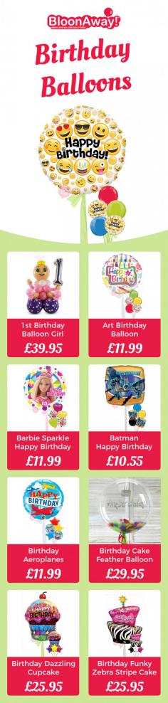Shop with BloonAway Ltd for next day UK wide delivery for Helium Inflated Birthday Balloons. We specialise in delivering long-lasting, pre-inflated birthday balloons packed in a gift box.