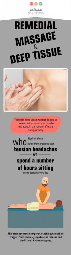 At Eclipse Therapies, we offer remedial and deep tissue massage which is ideal for those who suffer from problems such as tension headaches. Our massage therapy rebalances your body’s muscular system & allows a reduction in pain.