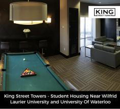 At King Street Towers, we offer 3, 4 & 5 bedroom apartments, including amenities such as a flat panel TV, on-site laundry facilities, garage parking, video game console, fully equipped kitchen, and more. Our housing is near Wilfrid Laurier University and University of Waterloo. 