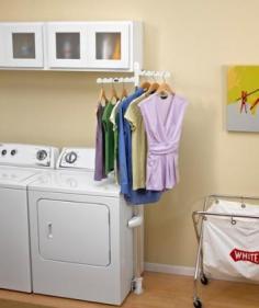 Shop for Appliances at The Home Depot. The adjustable clothes rack is a stand alone hanging bar that can easily attach to any washer or dryer, providing additional hanging space in the laundry room. This adjustable clothes rack allows you to conveniently hang garments straight from the washer or dryer. It is collapsible and removable for quick, easy storage. It assembles easily in less than 5 minutes with a Phillips screwdriver. The rotating arms pivot independently to accommodate various configurations. Extends up to 79 in. Hanger arms are 12-1/2 in. long. Requires 3 in. clearance side to side to enable rack to fit between the washer and dryer or between the rack and the wall. Maximum weight limit of 20 lbs.