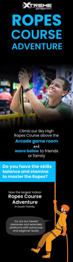 High Indoor Ropes Course Adventure with Advanced and Beginner Levels where climbers can cross several unique obstacles directly over our Arcade Game room. 