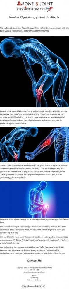 Bone & Joint manipulation involves small but quick thrust to a joint to provide immediate pain relief and improved flexibility. This thrust may or may not produce an audible click or pop sound. Joint manipulation requires special training and authorization. Your physiotherapist will assess you prior to performing joint manipulation.