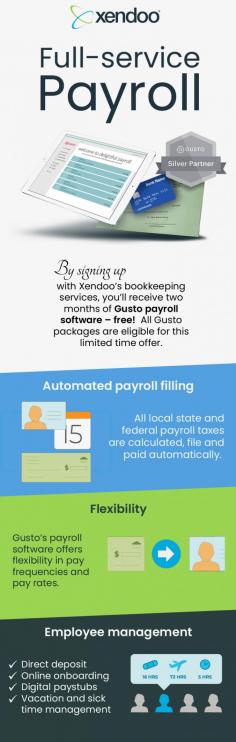 Xendoo offers industry-leading payroll filing services to small business owners. You will get a two-month subscription of Gusto payroll software to automate your local state and federal payroll taxes calculation, filing and paying process.