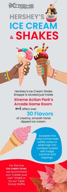 Xtreme Action Park offers Hershey’s Ice Cream Shake Shoppe with over 30 Premium Flavors served in Cups, Cones or Splits. Enjoy today! 