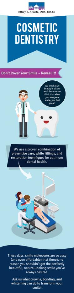 Enhance your smile by addressing your dental issues with cosmetic dentistry services in Wakefield, MA from Dr. Jeffrey B. Kravitz, DDS. Call him on (781) 245-7714 to discover how cosmetic solutions can give you a brilliant new smile. 