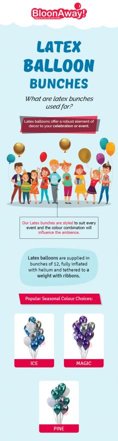 Buy premium quality latex helium balloon bunches online from BloonAway to give a modern touch to your party decoration. All the latex balloon bunches we supply are styled to suit every event and the color combination.