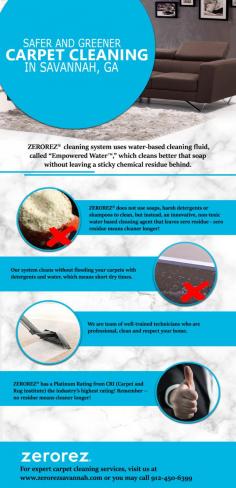 This infographic shows the difference between ZEROREZ® revolutionary cleaning technology vs. traditional cleaning. ZEROREZ® cleaning technology was lab tested and proven, non-toxic, water-based and chemical free which gives every carpet safer and greener.