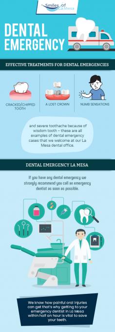 Choose Smiles of La Mesa for all your emergency dental care needs in La Mesa, CA. Whether you have tooth pain or an oral injury, we have a team of experts to take care of you in a calm and friendly environment. 
