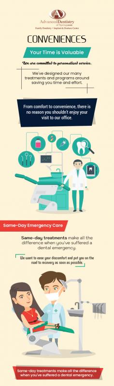 When it comes to same-day emergency dental care services, Advanced Dentistry of Spring is second to none. We aim to ease your discomfort and give you an opportunity to feel better. 